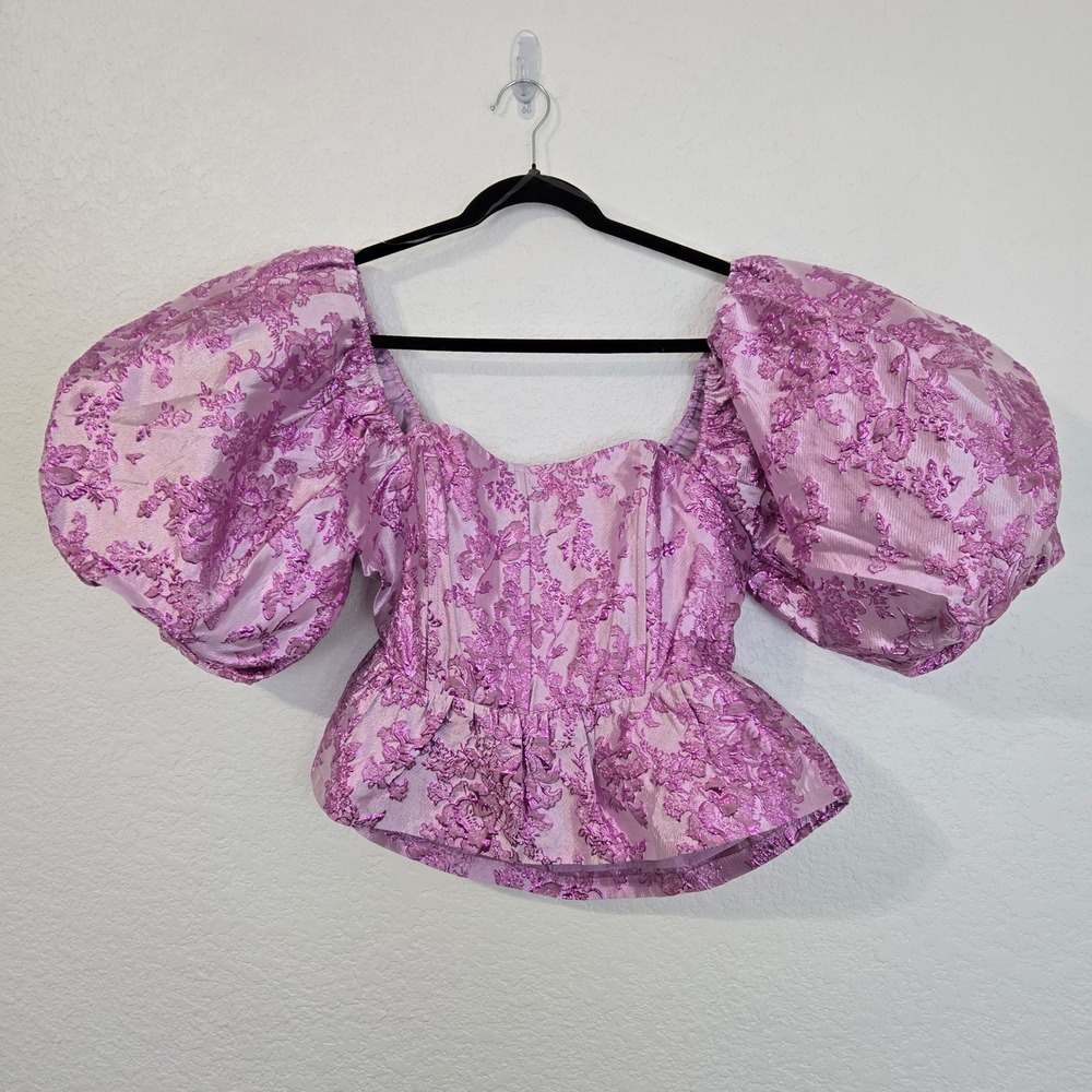 The POST Lilac Floral Brocade Puff Sleeve Peplum Top Back Bow Cutout L